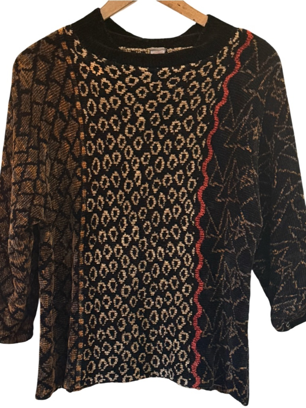 Black & Gold Patterned Sweater with Red Accent